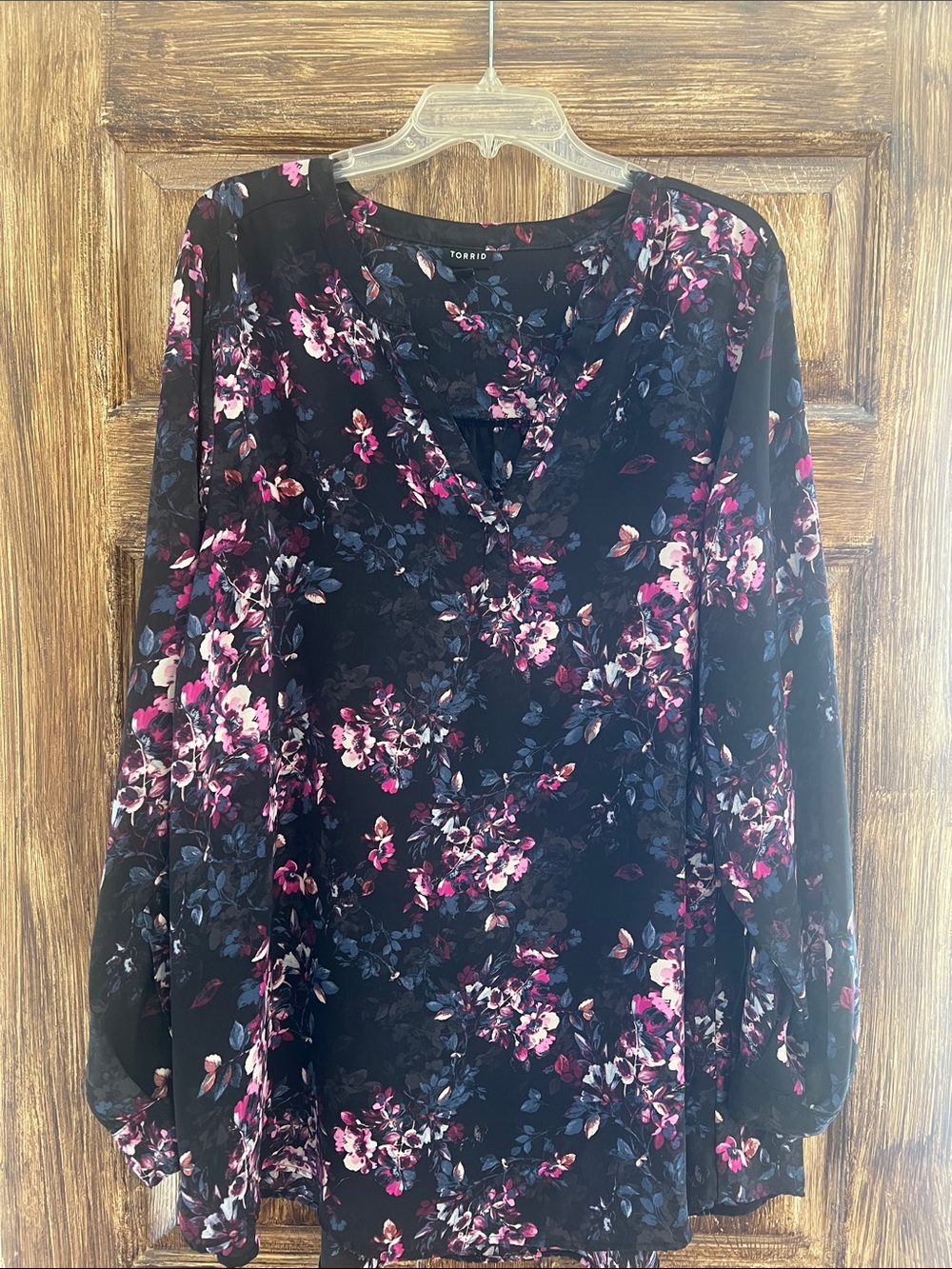 torrid Black Floral Split-Neck Long Sleeve Top